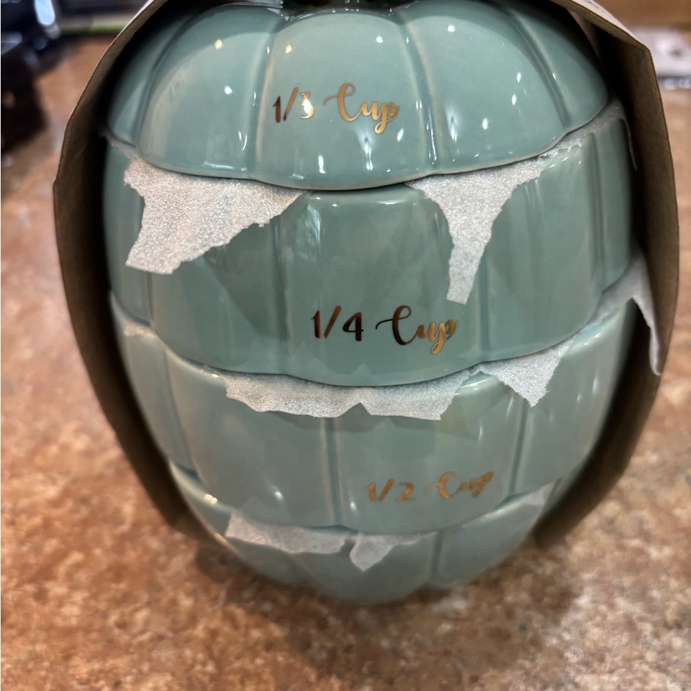 Bluish green with gold accent stackable Pumpkin Measuring Cups